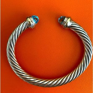 David Yurman Classic Cable Bracelet Sterling Silver with 14K Gold and Blue Topaz